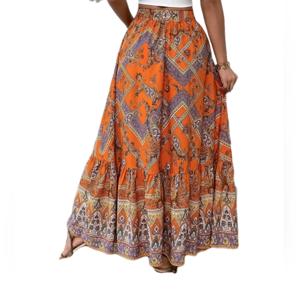 Maxi Skirt Orange Paisley Bohemian Style Fall Colors Skirts Outfit - Picture 5 of 8